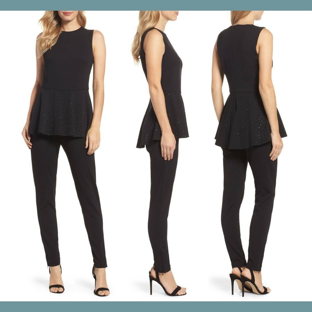 NWT Eliza J Peplum Jumpsuit Beaded‎ in Black [SZ 4 ]